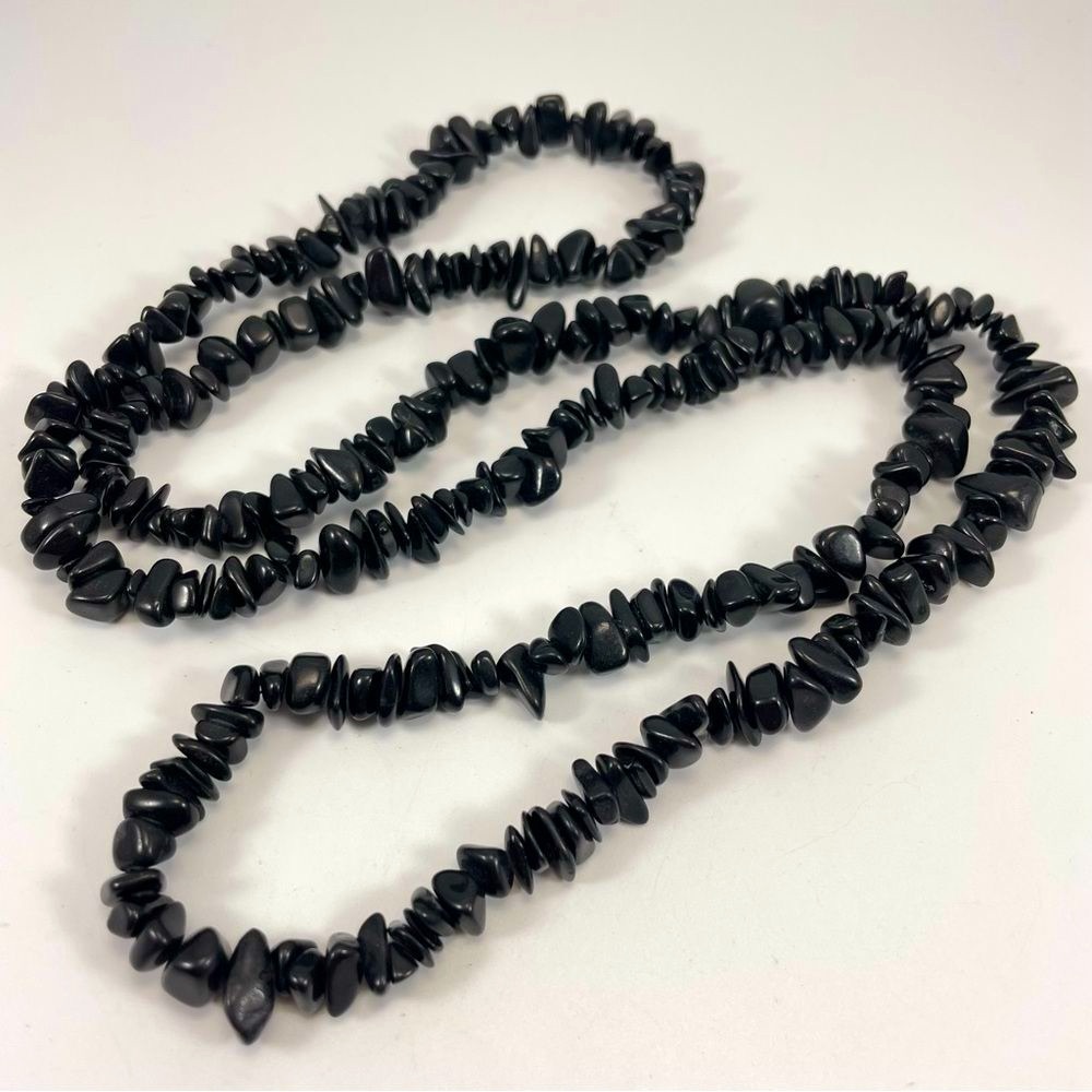 Black Onyx Chip Beaded Necklace 32” Statement Gemstone Classic Fashion Boho